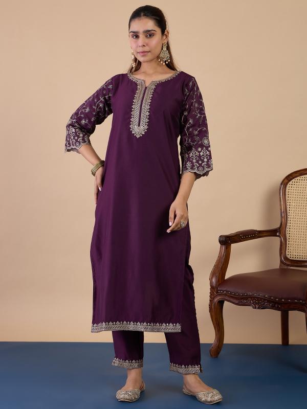 VP 9844 P Women’s Silk with Embroidery Straight Kurta Pant with Dupatta Set